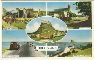 Vintage Postcard Holy Island Lindisfarne,  Priory Castle,  Church,  Old Car 1970