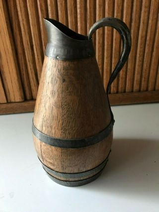 Vintage French Oak Wine Cider Jug Pitcher Staved Wood Large Pewter Bands/handle