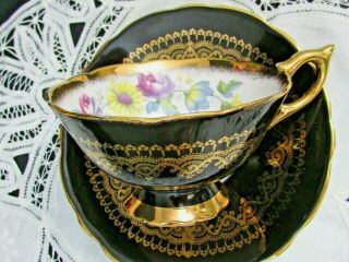 Royal Stafford Purple Yellow Floral Gold Lace Black Tea Cup And Saucer