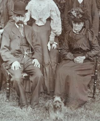 Charming 1890/1900s Cabinet Card Photo Family Group Dog Terrier Moustache Hats