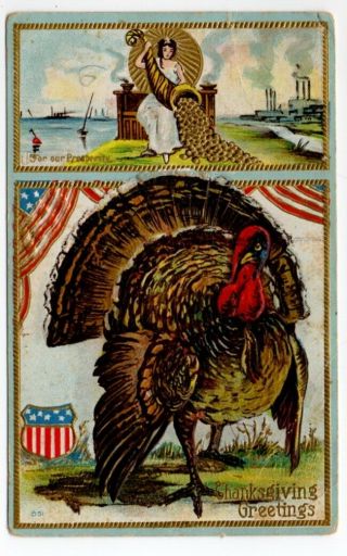 072820 Vintage Thanksgiving Postcard Turkey Lady Liberty Horn Of Plenty