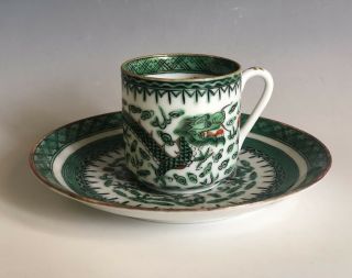 Vintage Chinese Porcelain Demitasse Cup And Saucer Hand Painted Green Dragon
