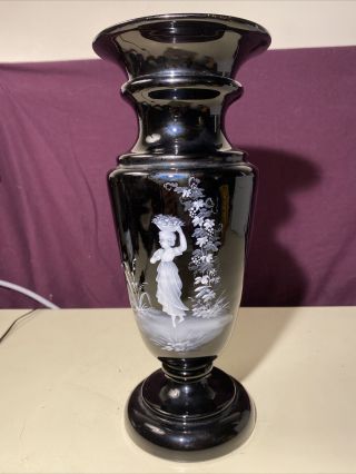 Black Amethyst Vase Hand Painted Mary Gregory Style
