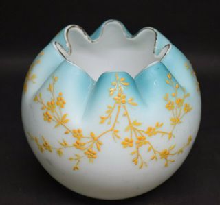 Victorian Art Glass Rose Bowl Blue Cased Satin Glass Yellow Enameled Flowers