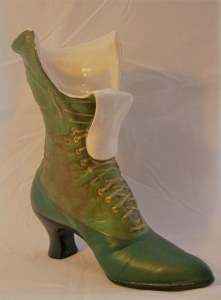 Vintage Ceramic Victorian Dk Green/lt Green Lace Up Boot Shoe Vase / Planter