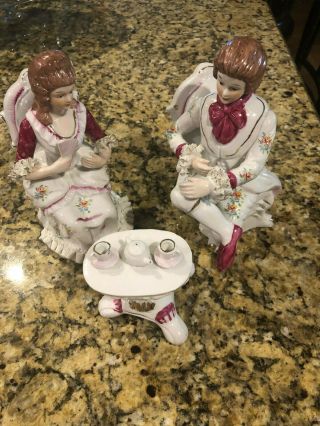 Vintage Dresden Lace Porcelain Victorian Man And Woman,  Coffee Table