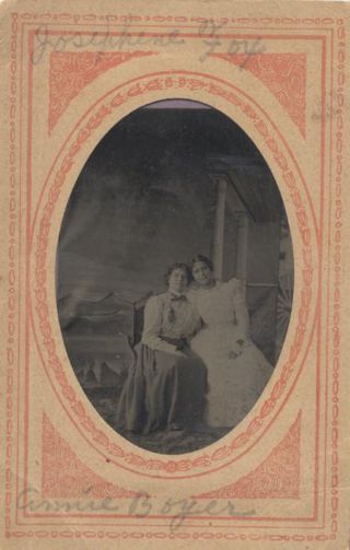 Tintype Portrait Of Two Sisters In Dresses W/ Names On Frame