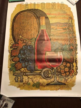 Vintage California Wine Land Of America Litho Poster A.  Gonzalez Mcm