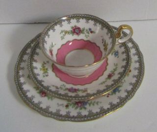 Aynsley Tea Cup And Saucer Trio Pink Band Gold Trim Floral Set
