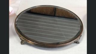 Vintage Antique Victorian 12 " Round Plateau Beveled Vanity Mirror Footed Tray