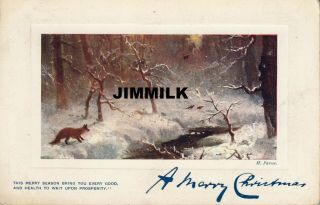Old Postcard Merry Christmas " Fox & Pheasants "