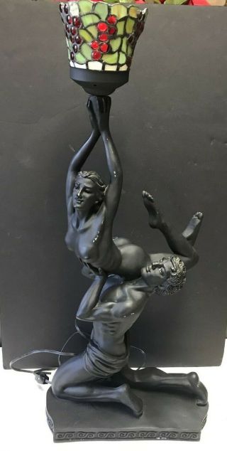 Vintage Art Deco Style Resin Figural Stained Glass Table Lamp W/ Nude Dancers