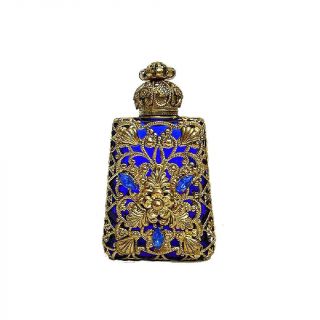 Czech Jeweled Decorative Blue W/ Gold Design Perfume Oil Bottle Holder