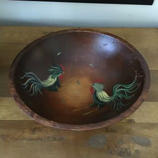 Vintage Folk Art Munising 12 " Wood Dough Salad Decorative Serving Bowl Rooster