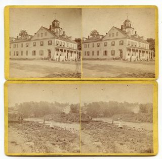 2 1870s Stereoviews Of A Large Building & View Along A River In The Same City