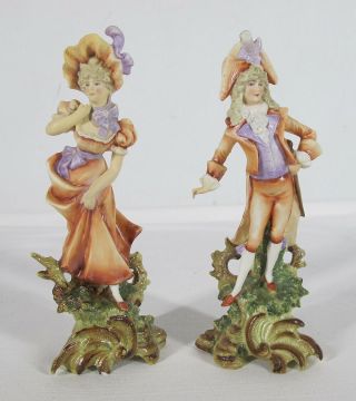 Pair Antique 19th C French Bisque Porcelain Figurines Bonnet Lady &dandy Man Yqz