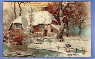 Old Vintage 1906 Postcard Derbyshire In Winter A Country Snow Scene Lake House