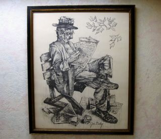 Vintage Artist Jim Daly Print Man Reading Daily Racing Forum Charcoal Framed Vgc