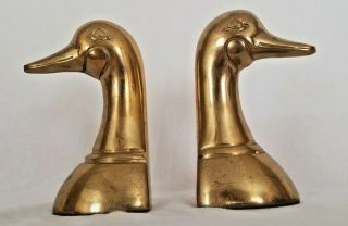 Vintage Solid Brass Duck Head Bookends Set Of 2 - 6.  5 " Geese Bookends - Great