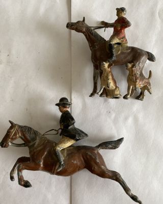 (2) Cast Iron Fox Hunt Figurines Horse & Rider Hounds 1920’s?