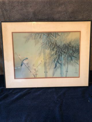 Vtg 1978 Painting Bamboo Bird Framed Watercolor David Lee Art 26 " X20 "