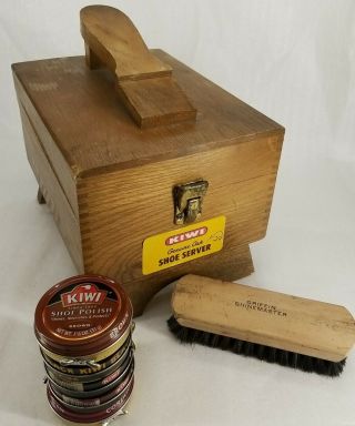 Vintage Kiwi Oak Shoe Shine Server Box Griffin Shinemaster Brush Polish