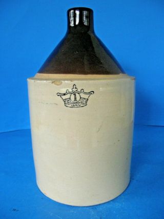 Antique 1 Gallon Stoneware Whiskey Jug Beige And Brown With Blue Crown