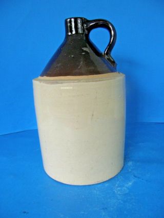 ANTIQUE 1 GALLON STONEWARE WHISKEY JUG BEIGE AND BROWN WITH BLUE CROWN 2