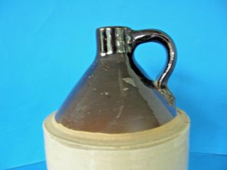 ANTIQUE 1 GALLON STONEWARE WHISKEY JUG BEIGE AND BROWN WITH BLUE CROWN 3