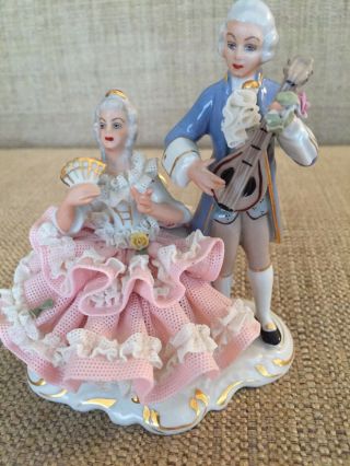 Lovely German Dresden Lace Couple Man Playing Mandolin To Woman Blue Stamp Euc