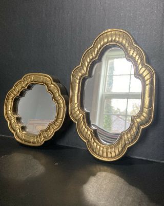 Small Miniature Wall Mirror Set Of 2 Art Deco Style Scalloped Gold Color 5 " 7 "