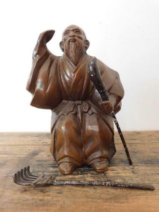 Oriental Comical Old Man Figure Cast Bronzed Metal Statue China Japan 1900s