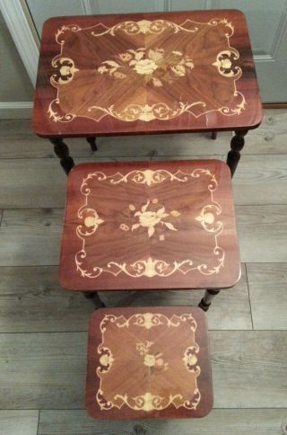 Gorgeous Vtg Set Of 3 Lacquered Inlaid Wood Nesting Tables Italy Nested Nestled