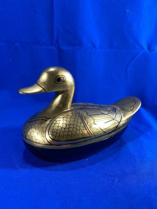 Vintage Bird Duck Trinket Box Black Lacquer Wood Thailand Gold Hand Painted