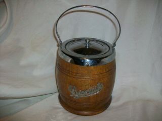 Antique Oak Wood & Metal Biscuit Barrel Cookie Jar Porcelain Liner English