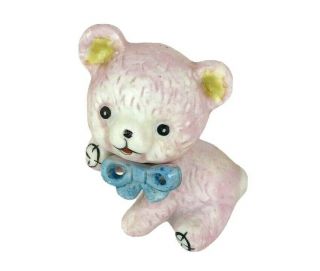 Vintage Enesco Teddy Bear Figurine 3 " Ceramic Pink Bear With Blue Bow