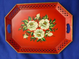 Vtg Nashco Ny Red Hand - Painted Floral Metal Tray.  20 " X 15 ".  Handles.