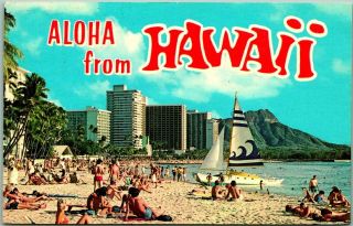 Vintage " Aloha From Hawaii " Greetings Postcard Waikiki Beach Scene / 1980 Cancel