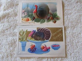 2 Vintage Embossed Thanksgiving Greetings Post Cards Turkeys