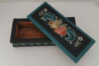 Vintage Hand Painted Wooden Box With Lid Floral Black And Blue