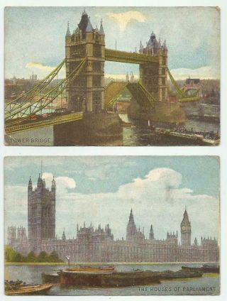 2 Old Coloured Postcards Of London - Houses Of Parliament & Tower Bridge