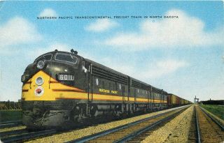 Northern Pacific Railroad Freight Train In North Dakota Vintage Linen Postcard