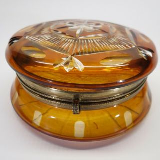 Powder Jar Art Deco Etched Amber Clear Glass Brass Frame Vintage 4.  75 Dia