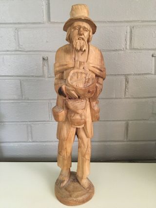 Vintage Hand Carved Folk Art Wooden Sculpture Old Man Fisherman Mustache Beard