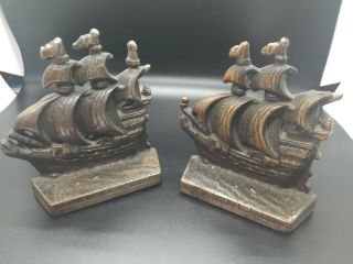 Vintage Cast Iron Ornate Bookends Constitution Nautical Ship Sail Boat