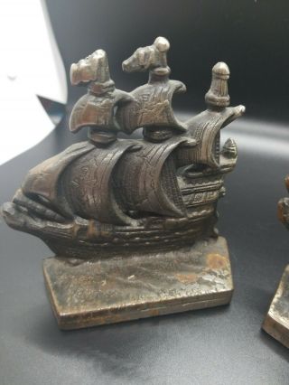 Vintage Cast Iron Ornate Bookends Constitution Nautical Ship Sail Boat 2