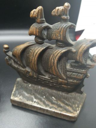 Vintage Cast Iron Ornate Bookends Constitution Nautical Ship Sail Boat 3