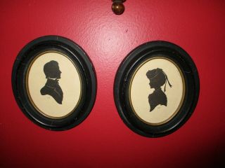 Antique Silhouettes Man and Woman In Period Oval Frames with Paper Back 2