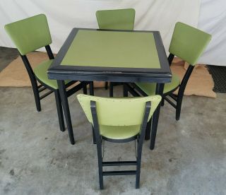 Vintage Stakmore Folding Table & 4 Chairs Mid Century Modern Lime Green & Black