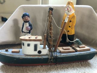 Hand Carved Wooden Sailor Figures Captain Fisherman And Boat Nautical Folk Art